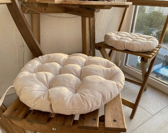 TOP SELLER- Round Handmade linen cushions for chairs 14-20 in, chairpads for Patio Outdoor Home Kitchen seats, Cushion linen fabric and ties