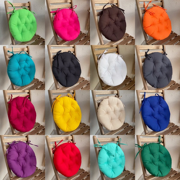 Round tufted chairpad for indoor, cushions with ties and outdoor use, 13-20 inches and 16 Colors in stock, get 5 cushions - get 15% discount