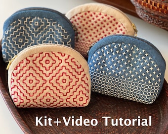 Sashiko Wallet DIY Kit + Video tutorial, Sashiko coin purse DIY kit, Pouch tutorial, embroidered pouch kit, Cardholder wallet kit