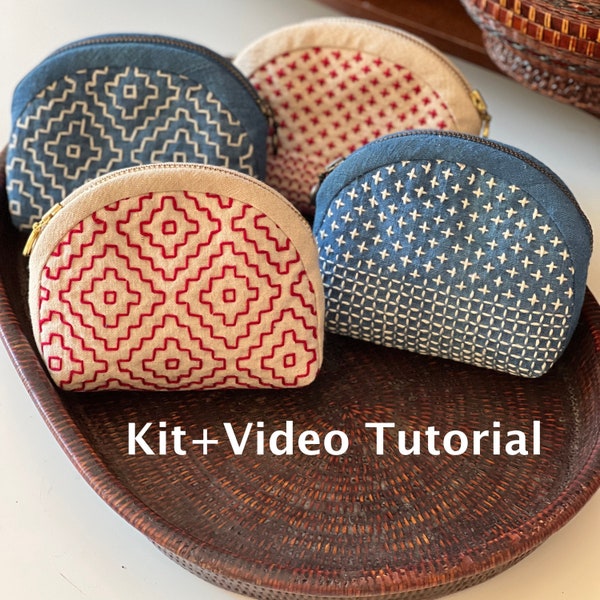 Sashiko Wallet DIY Kit + Video tutorial, Sashiko coin purse DIY kit, Pouch tutorial, embroidered pouch kit, Cardholder wallet kit
