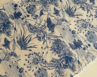 Vintage hand printed fabric/44cmx120cm, lotus cotton fabric, water lily fabric, vintage bed cover, home decor, vintage textile