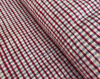 Kapla - Red and blue vintage check fabric, handwoven gingham fabric, rustic cotton fabric, costume fabric, mini red checker fabric