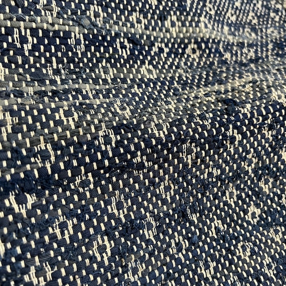 Vintage Indigo Rag Rug: Handwoven Sakiori Blanket, Miao Textile