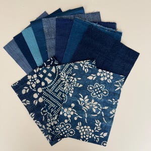 11 Pcs Vintage Indigo Fabric Scrap Bundle: Boro Denim Patches, Handwoven Cotton