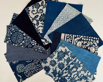 11 Pcs Vintage Indigo Fabric Bundle / Boro denim patch / Vintage Indigo Fabric Scrap Pack / EPP  / English Paper Piecing