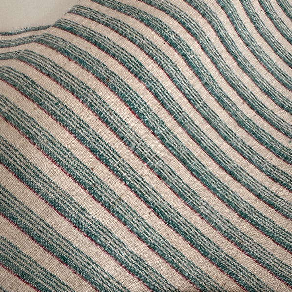 Meadow - Green stripe cotton fabric, dotted stripe, vintage handwoven fabric, costume fabric, vintage workwear, primitive homespun