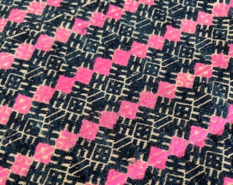 Vintage Miao Hemp Blanket: Fuchsia & Navy Handwoven Tribal Fabric