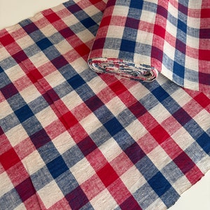 Tofu - Red blue check fabric / Vintage handwoven fabric / Vinage checker fabric / Farmhouse decor / Gingham fabric