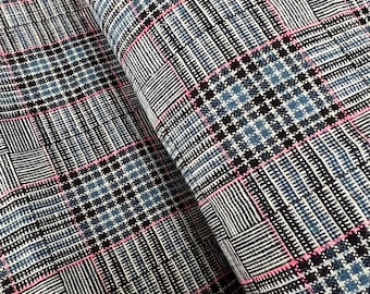 Pink Lady - Vintage indigo check fabric, Basket weave fabric, handwoven fabric, costume fabric, upholstery fabric, checker cotton fabric