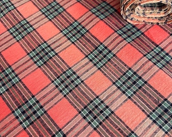 Corail - Tissu en coton à carreaux corail, tissu tissé à la main vintage, tissu de coussin, costume vintage, tissu à carreaux rose et bleu