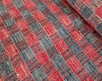 Sudoku - Vintage red and blue checker fabric, red plaid fabric, handwoven cotton fabric, upholstery fabric, vintage workwear,