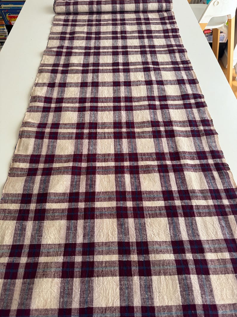 Wine Bordeaux Check Cotton Fabric / Vintage Handwoven Fabric / Gingham