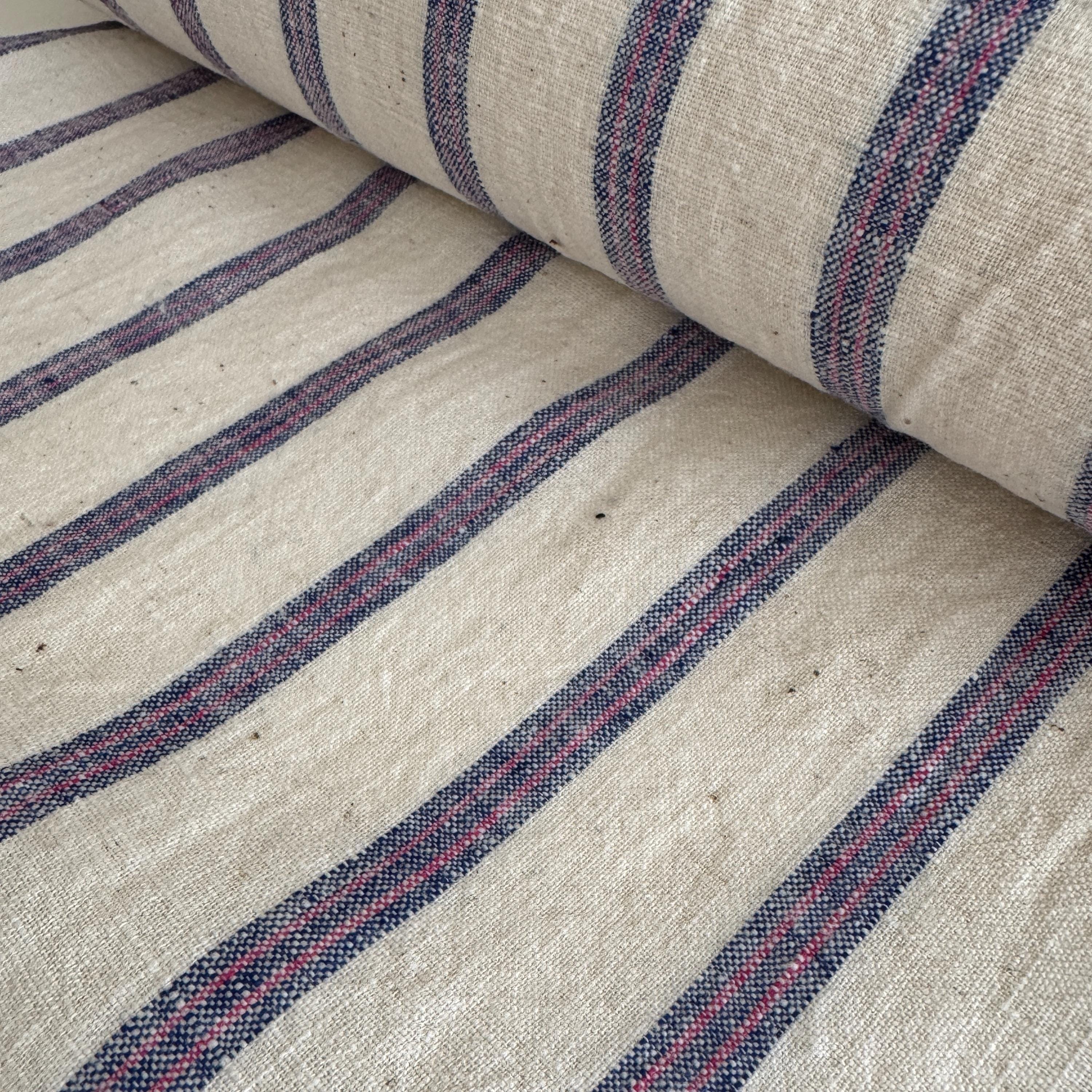 Parallel - Blue striped cotton fabric, vintage handwoven ticking fabric, rustic stripy cotton fabric, totebag fabric, grain sack