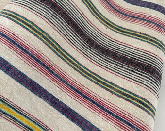 Paintbrush - Vintage stripe fabric, handwoven fabric, vintage homespun,  vintage sheet, multi-color stripe fabric, Gransack fabric