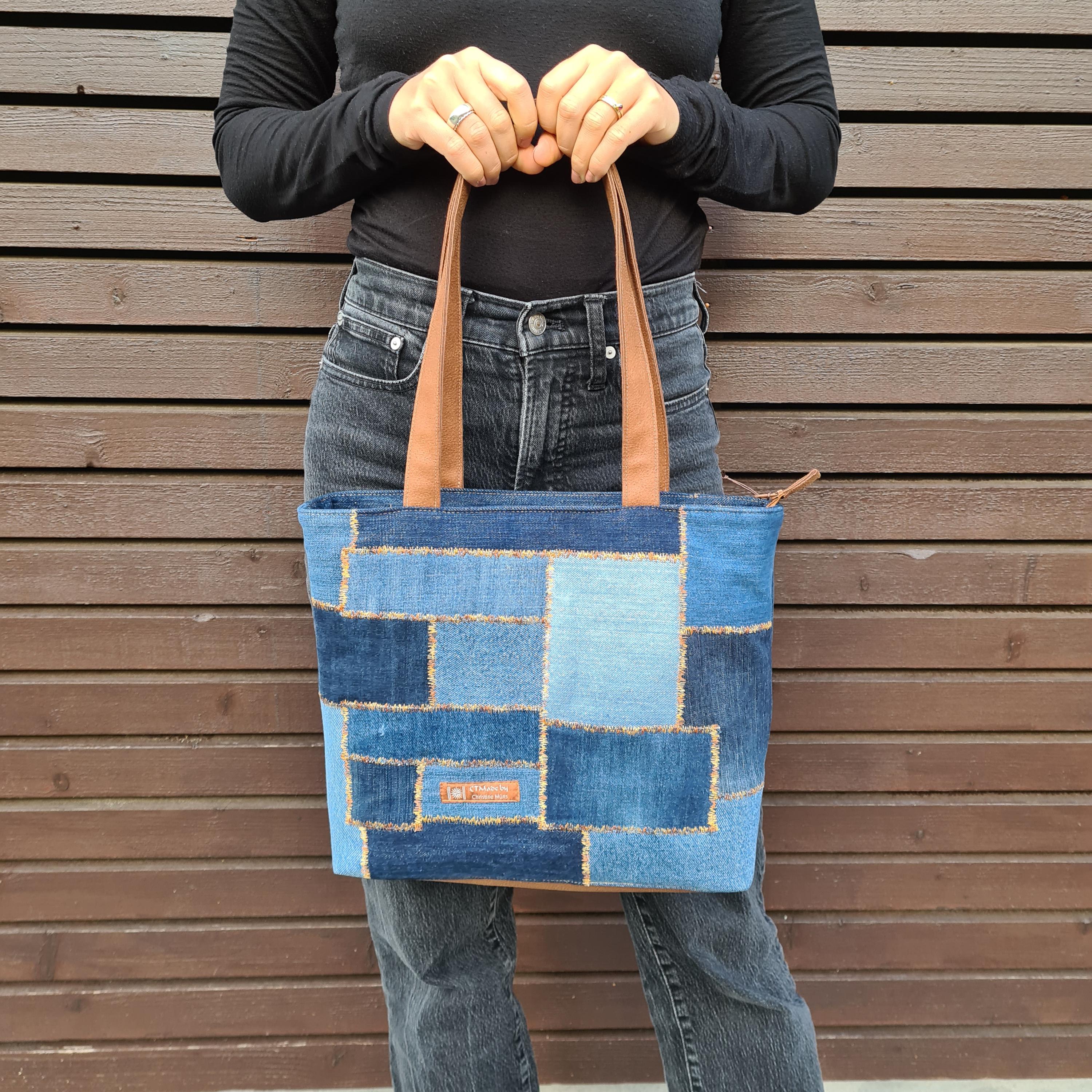 Bag Jeanstasche Handmade Jeans-Tasche Shopper Blau Rot – Handmade