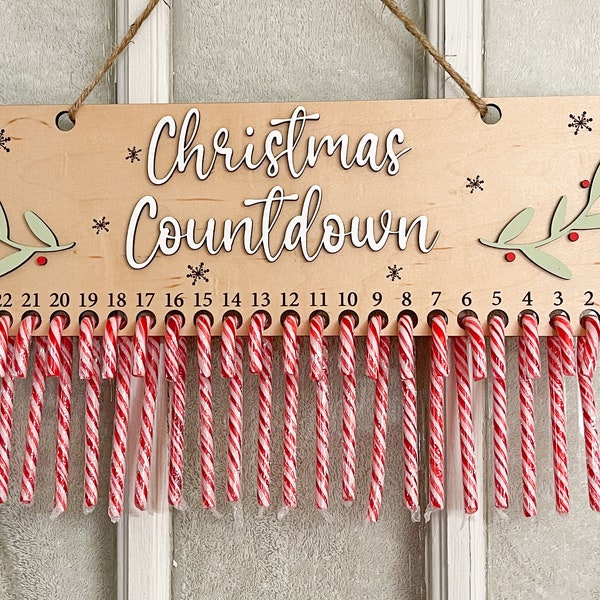 Christmas Countdown Advent Calendar Candy Cane Holly Country Farmhouse Decor Wood Laser Engraved
