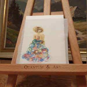 May include: A watercolour painting of a golden bottle with a colourful, swirling design. The painting is displayed on a wooden easel with the text "QUANTUM ART" printed on the bottom.