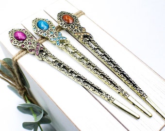 Metal Hair Stick, Resin Hair Stick, French Hair Pin, Metal Hairpin, Purple Blue Champagne Resin Rhinestone Hair Pin, Hair Chopstick