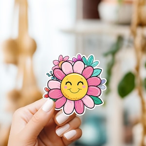 Autocollant d'affirmation positive de fleur souriante colorée. 2 po.