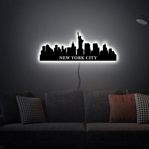 New York Holzschild, New York Leuchtschild, New York Led Schild, New York Skyline Wandkunst, New York Skyline Dekor, New York Holz Wandkunst
