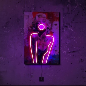 Bubblegum Marilyn Monroe neon art, Pop art neon wall decor, Pink led portrait sign, Girl canvas neon light, Modern woman neon poster