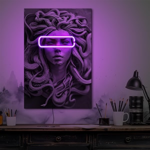 Medusa neon wall art,Urban greek led canvas art,Cyberpunk poster,Medusa statue print led light,Greek mythology gift,Neon print greek art