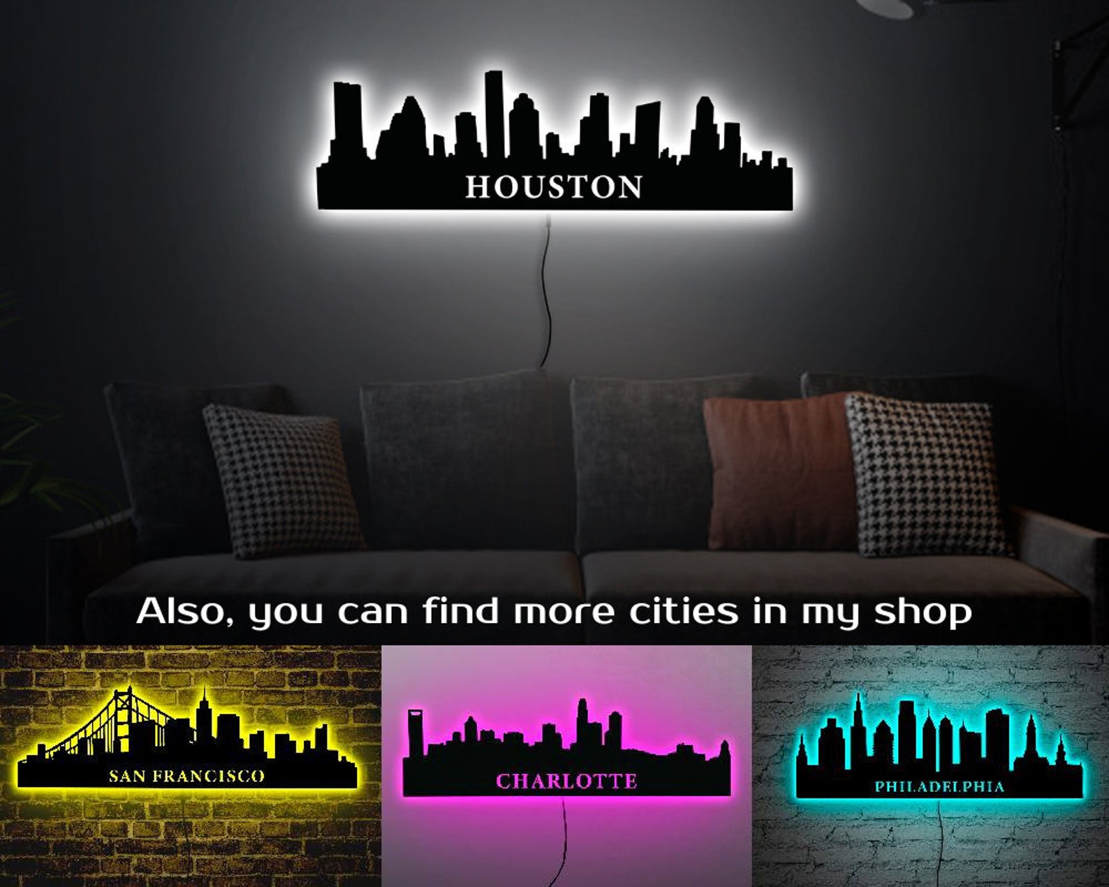 Houston Neon Signhouston Skyline Led Signwooden Houston Neon Etsy