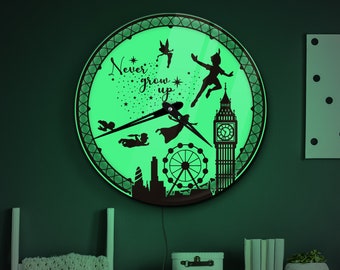 Orologio a led Peter Pan, orologio luminoso Peter Pan, arredamento da parete Peter Pan, orologio Neverland, orologio da parete fata, orologio al neon Peter Pan, orologio Tinkerbell