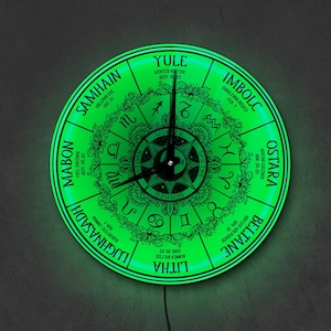 Witchy pagan wall clock, Wiccan sabbath LED clock, Wheel of the year light up clock, Zodiac neon wall decor, Celtic green witch clock