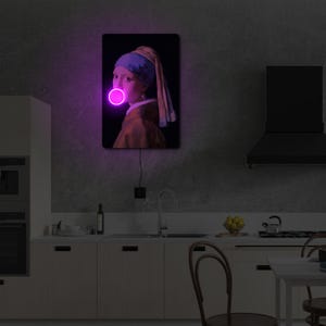 Neon Wall Art, Led Wall Art, Modern Wall Art, Neon Canvas Art, Art With Neon Frame, Girl With A Pearl Art, Cool Wall Artwork, Neon Art Print