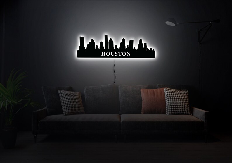 Houston Neon Signhouston Skyline Led Signwooden Houston Neon Etsy