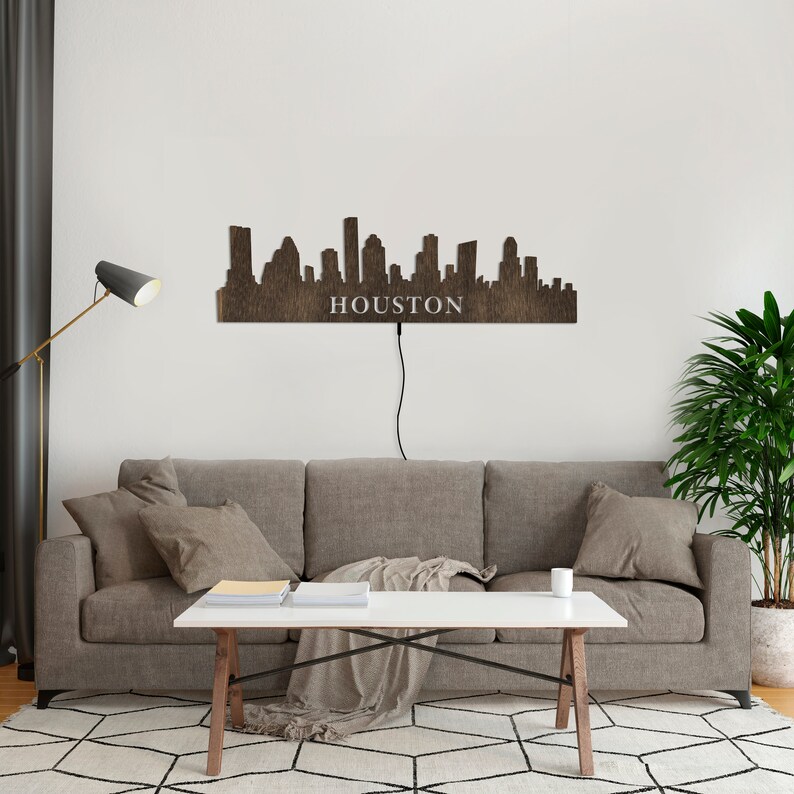 Houston Neon Signhouston Skyline Led Signwooden Houston Neon Etsy