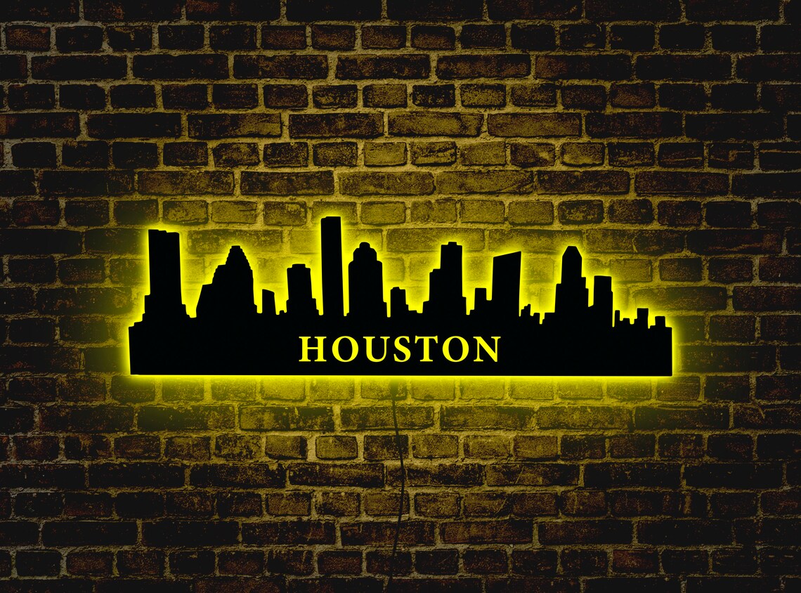 Houston Neon Signhouston Skyline Led Signwooden Houston Neon Etsy