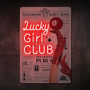Lucky girl club neon sign wall art, Aesthetic led poster for girls room, Glowing pink quote canvas, Positive neon light up wall decor
