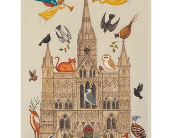 Può includere: Un calendario dell'Avvento illustrato raffigurante una cattedrale adornata da animali e angeli. L'opera d'arte include un cervo, un tasso, un cane, un gatto, un gufo e uccelli, con numeri che segnano ogni giorno. Gli angeli suonano le trombe e la tavolozza dei colori è beige e oro.