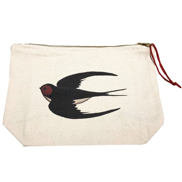 Swallow Cotton Wash Bag | Cotton Wash Bag | Cosmetic Bag | Toiletry Bag | Make Up Bag | Travel Bag | gold zip | folk art