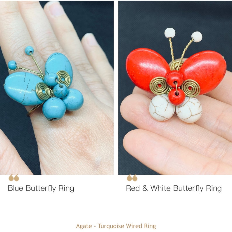 Pretty Cocktail Ring Wire Ring Agate Gemstone for Mothers Day Adjustable Butterfly Ring for Women Handmade Turquoise Ring for Birthday