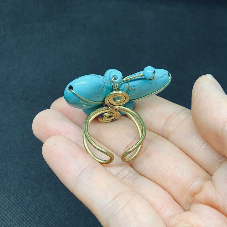 Pretty Cocktail Ring Wire Ring Agate Gemstone for Mothers Day Adjustable Butterfly Ring for Women Handmade Turquoise Ring for Birthday