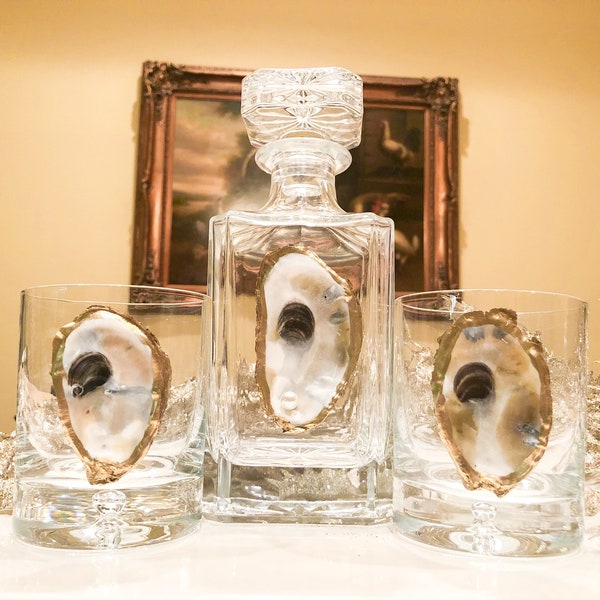 Gold Oyster Whiskey Decanter and Glasses