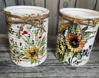 Sunflowers, tin can planter, upcycled tin can, botanical decor, decoupage tin, cupboard tuck, summer decor, farmhouse decor, tin can vase