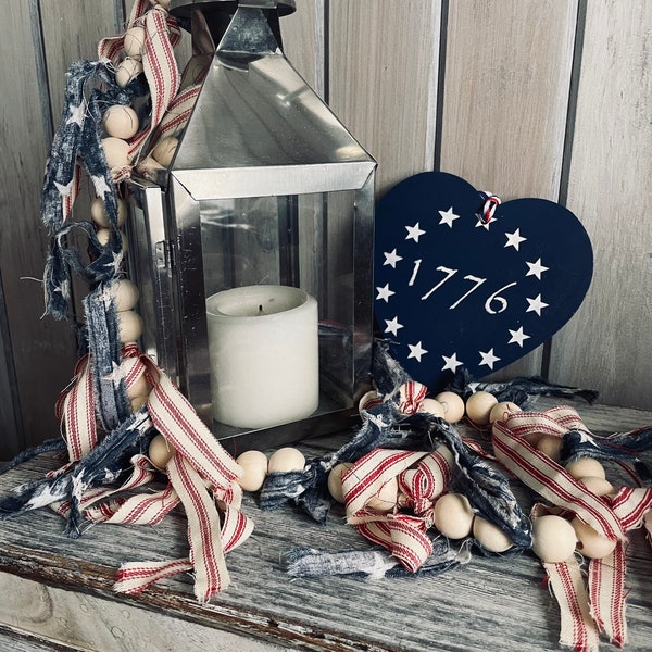 Patriotic rag tied garland, red ticking garland, farmhouse garland, stars & stripes, rustic garland, red white and blue banner, 4th of July