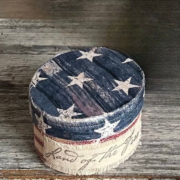 Primitive patriotic box, trinket box, fabric covered paper mache box, americana box, stars and stripes