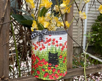 Red poppy tin, black cat centerpiece, floral centerpiece, decoupage tin, floral tin