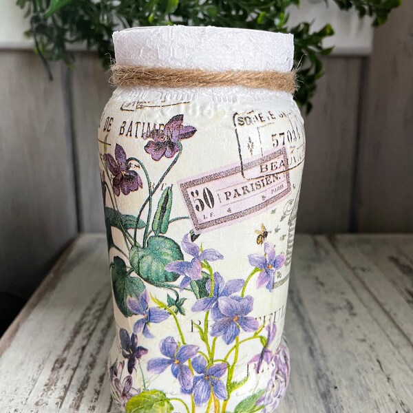 Lilac violets decoupage jar, repurposed glass, floral vase, botanical decor centerpiece, floral centerpiece , French county, shabby chic