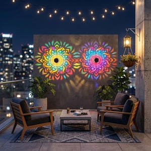 May include: Two circular wall lights mounted on a concrete wall, projecting vibrant, multi-colored mandala patterns in shades of yellow, orange, pink, and blue. The patio features two dark gray armchairs, a rectangular coffee table, and potted plants.