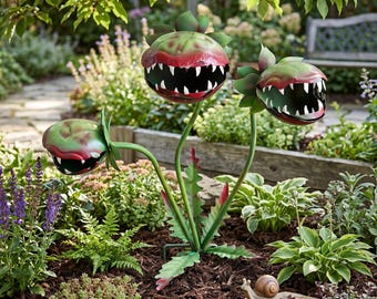 Estaca metálica con forma de planta carnívora, escultura de jardín caprichosa, decoración gótica para el patio, arte floral fantástico, decoración de Halloween para el césped, decoración de terror
