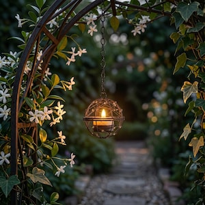 May include: A spherical metal candle lantern, suspended by a chain, with a lit candle inside. The lantern is decorated with small beads. The background shows a garden arch with white flowers and lush green foliage.