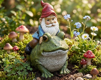 Garden Gnome Riding Frog Statue, Whimsical Frog Gnome Decor, Fairy Garden Ornament, Funny Outdoor Lawn Sculpture, Gift for Garden Lovers