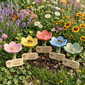 Bienen Wasserschale Gartendekor, handgemalte Harzblumenverzierung, Feengartenzubehör, bestäuberfreundliches Hofdekor, Geschenk für Bienenliebhaber