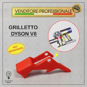 Puede incluir: Reemplazo de gatillo de plástico rojo para una aspiradora Dyson V8. El gatillo se muestra junto a una imagen de primer plano del mecanismo de gatillo de la aspiradora.